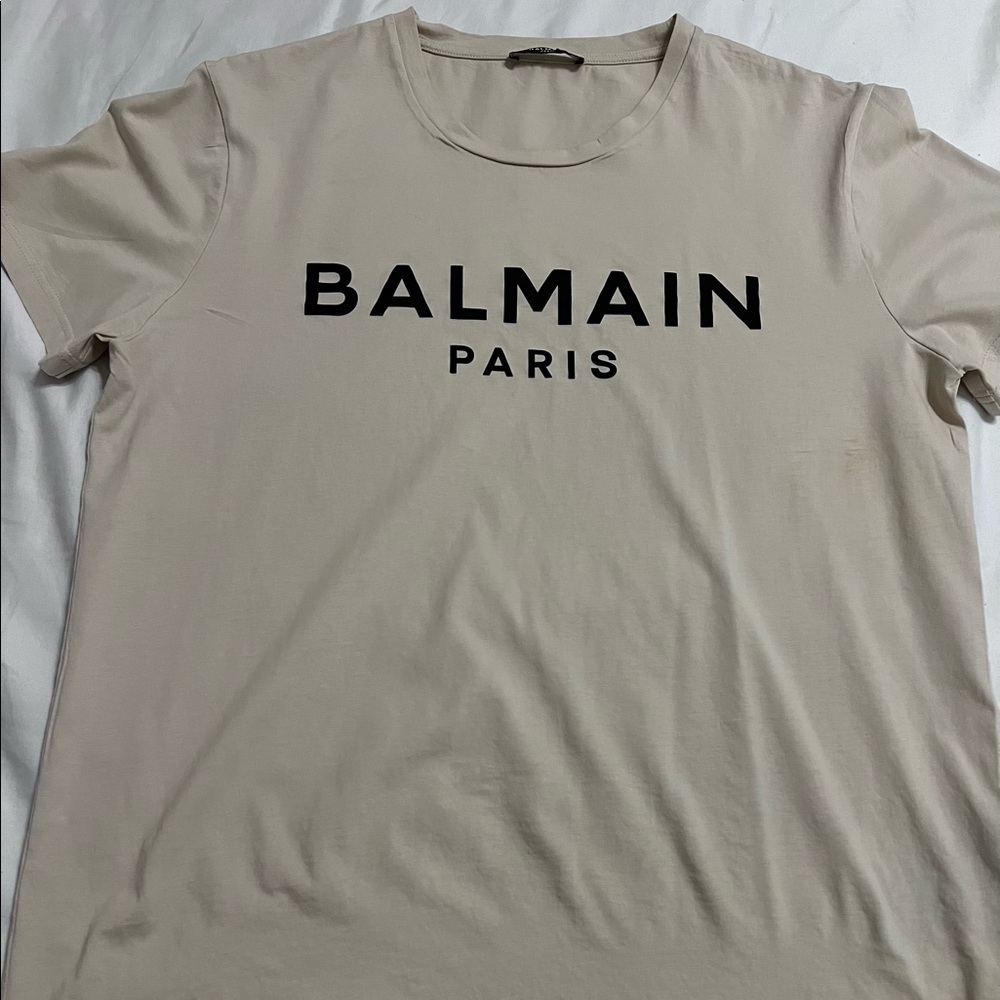 Balmain Tan cotton T-shirt with black Balmain Paris logo print